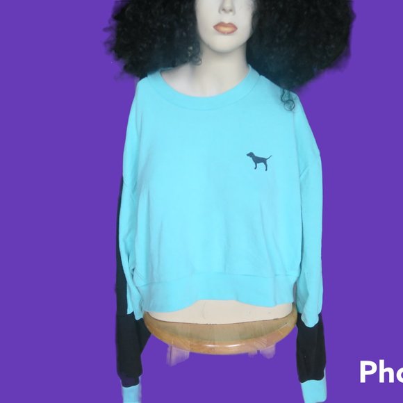 PINK Victoria's Secret cropped midriff long sleeve top in blue and black size L - Picture 1 of 8